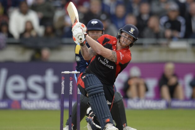 BIRMINGHAM, ENGLAND - AUGUST 20: Ben Stokes of Durham hits a six watched by Jonny Bairstow of Yorkshire during the Natwest T20 Blast match between Yorkshire and Durham at Edgbaston cricket ground on August 20, 2016 in Birmingham, England. (Photo by Philip Brown/Getty Images)