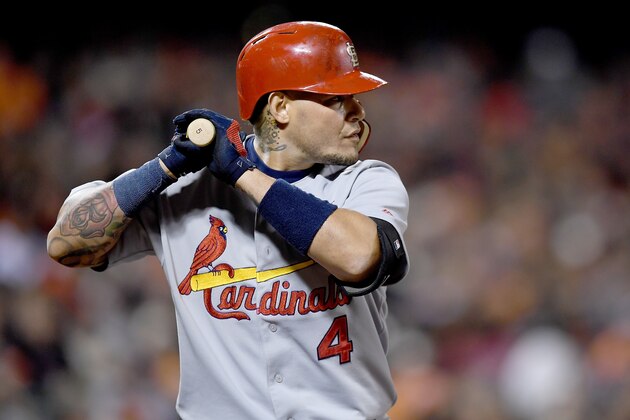 SAN FRANCISCO, CA - SEPTEMBER 16:  Yadier Molina #4 of the St. Louis Cardinals bats against the San Francisco Giants in the top of the fifth inning at AT&T Park on September 16, 2016 in San Francisco, California.  (Photo by Thearon W. Henderson/Getty Images)
