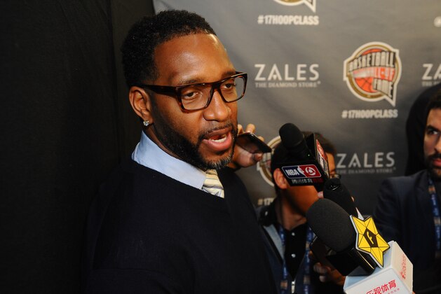 NEW ORLEANS, LA - FEBRUARY 18: NBA Legend Tracy McGrady talks to the media during the Hall of Fame Press Conference as part of 2017 All-Star Weekend at the Smoothie King Center on February 18, 2017 in New Orleans, Louisiana. NOTE TO USER: User expressly acknowledges and agrees that, by downloading and/or using this photograph, user is consenting to the terms and conditions of the Getty Images License Agreement.  Mandatory Copyright Notice: Copyright 2017 NBAE (Photo by Juan O'Campo/NBAE via Getty Images)