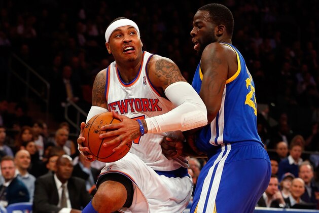 NEW YORK, NY - FEBRUARY 27:  (NEW YORK DAILIES OUT)    Carmelo Anthony #7 of the New York Knicks in action against Draymond Green #23 of the Golden State Warriors at Madison Square Garden on February 27, 2013  in New York City. The Knicks defeated the Warriors 109-105. NOTE TO USER: User expressly acknowledges and agrees that, by downloading and/or using this Photograph, user is consenting to the terms and conditions of the Getty Images License Agreement.  (Photo by Jim McIsaac/Getty Images)