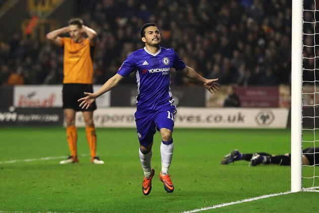 WOLVERHAMPTON, ENGLAND - FEBRUARY 18: Pedro of Chelsea celebrates scoring the opening goal during the Emirates FA Cup Fifth Round match between Wolverhampton Wanderers and Chelsea at Molineux on February 18, 2017 in Wolverhampton, England. (Photo by Chris Brunskill Ltd/Getty Images)