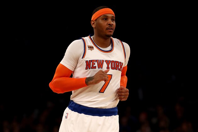NEW YORK, NY - FEBRUARY 12:  Carmelo Anthony #7 of the New York Knicks celebrates his shot in the first quarter against the San Antonio Spurs at Madison Square Garden on February 12, 2017 in New York City. NOTE TO USER: User expressly acknowledges and agrees that, by downloading and or using this Photograph, user is consenting to the terms and conditions of the Getty Images License Agreement  (Photo by Elsa/Getty Images)