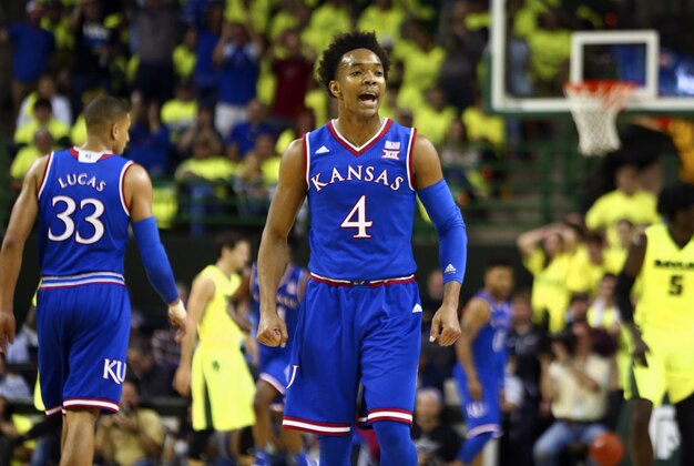 Feb 18, 2017; Waco, TX, USA; Kansas Jayhawks guard Devonte' Graham (4) reacts during the first half against the Baylor Bears at Ferrell Center. Mandatory Credit: Kevin Jairaj-USA TODAY Sports