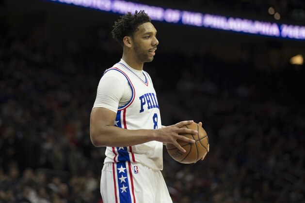 PHILADELPHIA, PA - FEBRUARY 8: Jahlil Okafor #8 of the Philadelphia 76ers looks on against the San Antonio Spurs at the Wells Fargo Center on February 8, 2017 in Philadelphia, Pennsylvania. The Spurs defeated the 76ers 111-103. NOTE TO USER: User expressly acknowledges and agrees that, by downloading and or using this photograph, User is consenting to the terms and conditions of the Getty Images License Agreement. (Photo by Mitchell Leff/Getty Images)