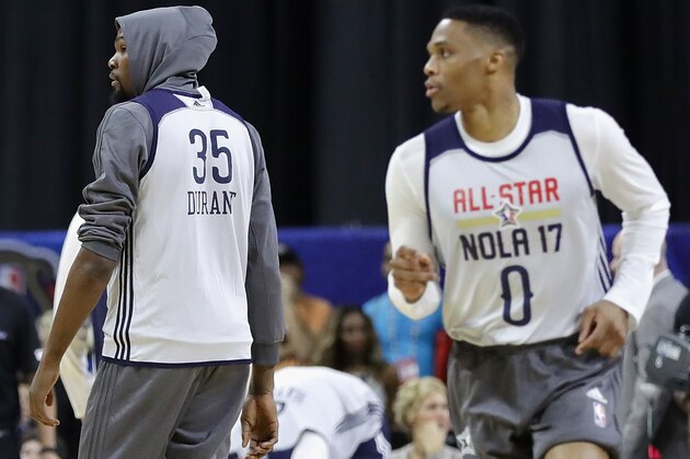 NEW ORLEANS, LA - FEBRUARY 18:  Kevin Durant #35 of the Golden State Warriors (L) and Russell Westbrook #0 of the Oklahoma City Thunder attend practice for the 2017 NBA All-Star Game at the Mercedes-Benz Superdome on February 18, 2017 in New Orleans, Louisiana.  (Photo by Ronald Martinez/Getty Images)