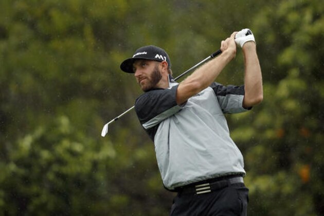 Dustin Johnson tees off on the fourth hole during the second round of the Genesis Open golf tournament at Riviera Country Club Saturday, Feb. 18, 2017, in the Pacific Palisades area of Los Angeles. (AP Photo/Ryan Kang)