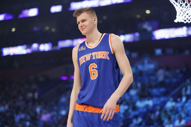 NEW ORLEANS, LA - FEBRUARY 18:  Kristaps Porzingis #6 of the New York Knicks reacts during the 2017 Taco Bell Skills Challenge at Smoothie King Center on February 18, 2017 in New Orleans, Louisiana. NOTE TO USER: User expressly acknowledges and agrees that, by downloading and/or using this photograph, user is consenting to the terms and conditions of the Getty Images License Agreement.  (Photo by Ronald Martinez/Getty Images)