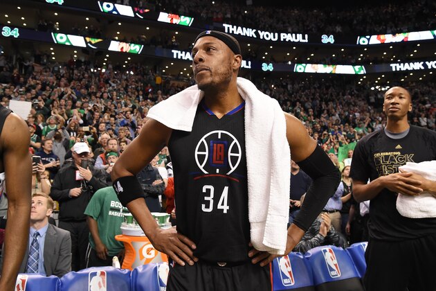 BOSTON, MA - FEBRUARY 5: Paul Pierce #34 of the LA Clippers looks on as a tribute to him is shown during the game against the Boston Celtics on February 5, 2017 at the TD Garden in Boston, Massachusetts.  NOTE TO USER: User expressly acknowledges and agrees that, by downloading and or using this photograph, User is consenting to the terms and conditions of the Getty Images License Agreement. Mandatory Copyright Notice: Copyright 2017 NBAE  (Photo by Brian Babineau/NBAE via Getty Images)