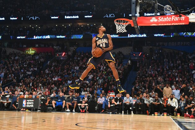 NEW ORLEANS, LA - FEBRUARY 18: Glenn Robinson III of the Indiana Pacers attempts a dunk during the Verizon Slam Dunk Contest as part of 2017 All-Star Weekend at the Smoothie King Center on February 18, 2017 in New Orleans, Louisiana. NOTE TO USER: User expressly acknowledges and agrees that, by downloading and/or using this photograph, user is consenting to the terms and conditions of the Getty Images License Agreement.  Mandatory Copyright Notice: Copyright 2017 NBAE (Photo by Jesse D. Garrabrant/NBAE via Getty Images)