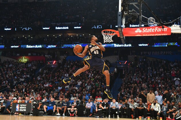NEW ORLEANS, LA - FEBRUARY 18: Glenn Robinson III of the Indiana Pacers attempts a dunk during the Verizon Slam Dunk Contest as part of 2017 All-Star Weekend at the Smoothie King Center on February 18, 2017 in New Orleans, Louisiana. NOTE TO USER: User expressly acknowledges and agrees that, by downloading and/or using this photograph, user is consenting to the terms and conditions of the Getty Images License Agreement.  Mandatory Copyright Notice: Copyright 2017 NBAE (Photo by Jesse D. Garrabrant/NBAE via Getty Images)