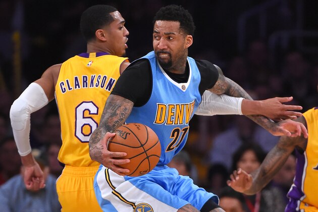 LOS ANGELES, CA - JANUARY 31:  Jordan Clarkson #6 of the Los Angeles Lakers guards Wilson Chandler #21 of the Denver Nuggets during the game at Staples Center on January 31, 2017 in Los Angeles, California. NOTE TO USER: User expressly acknowledges and agrees that, by downloading and or using this photograph, User is consenting to the terms and conditions of the Getty Images License Agreement. (Photo by Jayne Kamin-Oncea/Getty Images)