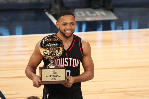 NEW ORLEANS, LA - FEBRUARY 18: Eric Gordon #10 of the Houston Rockets celebrates after winning the JBL Three-Point Contest during State Farm All-Star Saturday Night as part of the 2017 NBA All-Star Weekend on February 18, 2017 at the Smoothie King Center in New Orleans, Louisiana. NOTE TO USER: User expressly acknowledges and agrees that, by downloading and/or using this photograph, user is consenting to the terms and conditions of the Getty Images License Agreement.  Mandatory Copyright Notice: Copyright 2017 NBAE (Photo by Joe Murphy/NBAE via Getty Images)