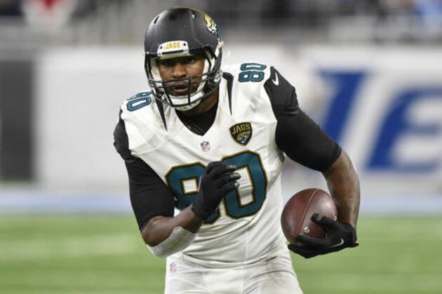 Jacksonville Jaguars tight end Julius Thomas (80) rushes during the first half of an NFL football game against the Detroit Lions, Sunday, Nov. 20, 2016 in Detroit. (AP Photo/Jose Juarez)