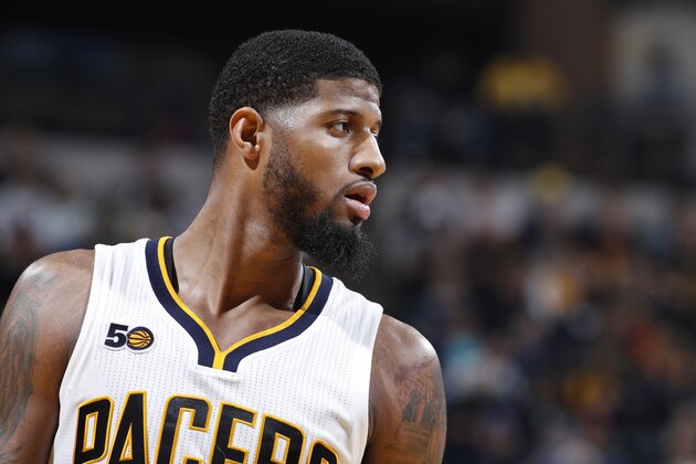 INDIANAPOLIS, IN - FEBRUARY 06: Paul George #13 of the Indiana Pacers looks on against the Oklahoma City Thunder in the second half of the game at Bankers Life Fieldhouse on February 6, 2017 in Indianapolis, Indiana. The Pacers defeated the Thunder 93-90. NOTE TO USER: User expressly acknowledges and agrees that, by downloading and or using the photograph, User is consenting to the terms and conditions of the Getty Images License Agreement. (Photo by Joe Robbins/Getty Images)