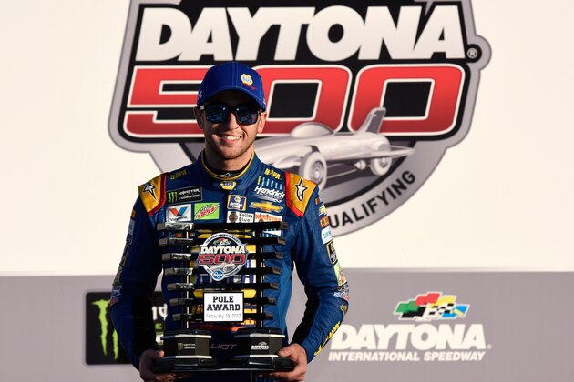 DAYTONA BEACH, FL - FEBRUARY 19:  Chase Elliott, driver of the #24 NAPA Chevrolet, celebrates in Victory Lane after qualifying for pole position for the Monster Energy NASCAR Cup Series 59th Annual DAYTONA 500 at Daytona International Speedway on February 19, 2017 in Daytona Beach, Florida.  (Photo by Jared C. Tilton/Getty Images)