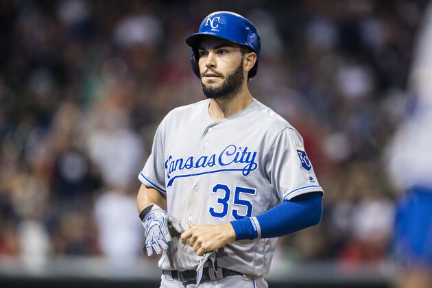 CLEVELAND, OH - SEPTEMBER 20: Eric Hosmer #35 of the Kansas City Royals reacts after the end of the top of the sixth inning against the Cleveland Indians at Progressive Field on September 20, 2016 in Cleveland, Ohio. (Photo by Jason Miller/Getty Images)