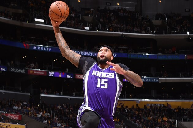 LOS ANGELES, CA - FEBRUARY 14:  DeMarcus Cousins #15 of the Sacramento Kings goes up for a dunk during a game against the Los Angeles Lakers on February 14, 2017 at STAPLES Center in Los Angeles, California. NOTE TO USER: User expressly acknowledges and agrees that, by downloading and/or using this photograph, user is consenting to the terms and conditions of the Getty Images License Agreement. Mandatory Copyright Notice: Copyright 2017 NBAE (Photo by Andrew D. Bernstein/NBAE via Getty Images)