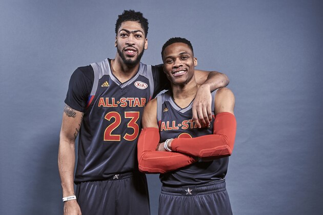 NEW ORLEANS, LA - FEBRUARY 19: Anthony Davis #23 and Russell Westbrook #0 of the Western Conference All-Stars poses for a portrait during the NBA All-Star Game as part of 2017 All-Star Weekend at the Smoothie King Center on February 19, 2017 in New Orleans, Louisiana. NOTE TO USER: User expressly acknowledges and agrees that, by downloading and/or using this photograph, user is consenting to the terms and conditions of the Getty Images License Agreement.  Mandatory Copyright Notice: Copyright 2017 NBAE (Photo by Jennifer Pottheiser/NBAE via Getty Images)