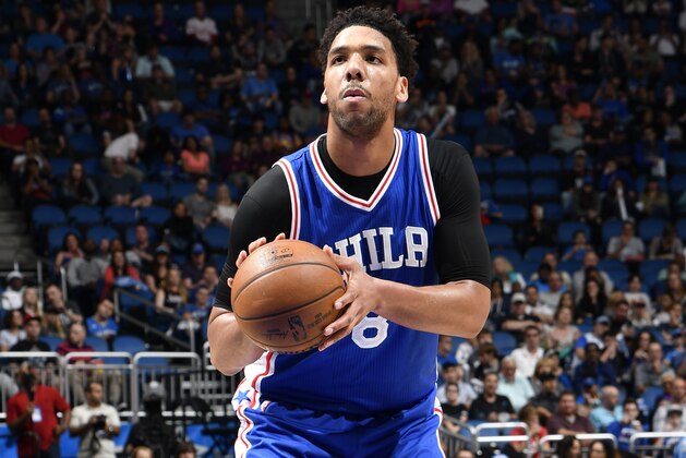ORLANDO, FL - FEBRUARY 9:  Jahlil Okafor #8 of the Philadelphia 76ers shoots a free throw during a game against the Orlando Magic on February 9, 2017 at Amway Center in Orlando, Florida. NOTE TO USER: User expressly acknowledges and agrees that, by downloading and/or using this photograph, user is consenting to the terms and conditions of the Getty Images License Agreement. Mandatory Copyright Notice: Copyright 2017 NBAE (Photo by Fernando Medina/NBAE via Getty Images)