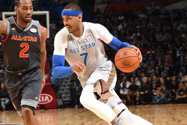 NEW ORLEANS, LA - FEBRUARY 19:  Carmelo Anthony #7 of the Eastern Conference All-Star Team handles the ball against the Western Conference All-Star Team during the NBA All-Star Game as part of the 2017 NBA All Star Weekend on February 19, 2017 at the Smoothie King Center in New Orleans, Louisiana.  NOTE TO USER: User expressly acknowledges and agrees that, by downloading and or using this Photograph, user is consenting to the terms and conditions of the Getty Images License Agreement.  Mandatory Copyright Notice: Copyright 2017 NBAE (Photo by Andrew D. Bernstein/NBAE via Getty Images)