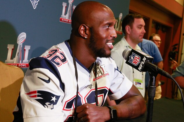 HOUSTON, TX - FEBRUARY 02:  Devin McCourty #32 of the New England Patriots answers questions during Super Bowl LI media availability at the J.W. Marriott on February 2, 2017 in Houston, Texas.  (Photo by Bob Levey/Getty Images)