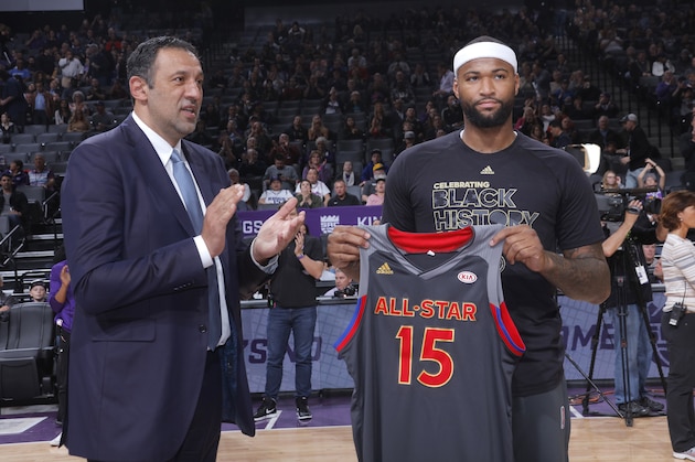 SACRAMENTO, CA - FEBRUARY 12: Vice president Vlade Divac of the Sacramento Kings announces DeMarcus Cousins #15 as an All-Star prior to the game against the New Orleans Pelicans on February 12, 2017 at Golden 1 Center in Sacramento, California. NOTE TO USER: User expressly acknowledges and agrees that, by downloading and or using this photograph, User is consenting to the terms and conditions of the Getty Images Agreement. Mandatory Copyright Notice: Copyright 2017 NBAE (Photo by Rocky Widner/NBAE via Getty Images)