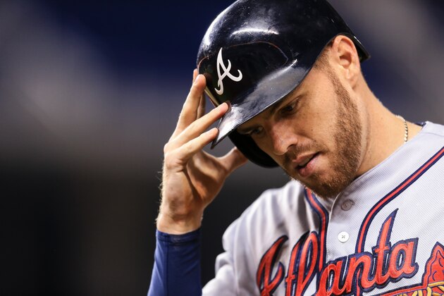 MIAMI, FL - SEPTEMBER 22: Freddie Freeman #5 of the Atlanta Braves during the game against the Miami Marlins at Marlins Park on September 22, 2016 in Miami, Florida. (Photo by Rob Foldy/Getty Images)