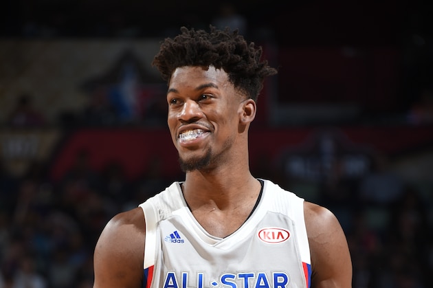NEW ORLEANS, LA - FEBRUARY 19:  Jimmy Butler #21 of the Eastern Conference All-Star Team smiles during the game against the Western Conference All-Star Team during the NBA All-Star Game as part of the 2017 NBA All Star Weekend on February 19, 2017 at the Smoothie King Center in New Orleans, Louisiana.  NOTE TO USER: User expressly acknowledges and agrees that, by downloading and or using this Photograph, user is consenting to the terms and conditions of the Getty Images License Agreement.  Mandatory Copyright Notice: Copyright 2017 NBAE (Photo by Andrew D. Bernstein/NBAE via Getty Images)