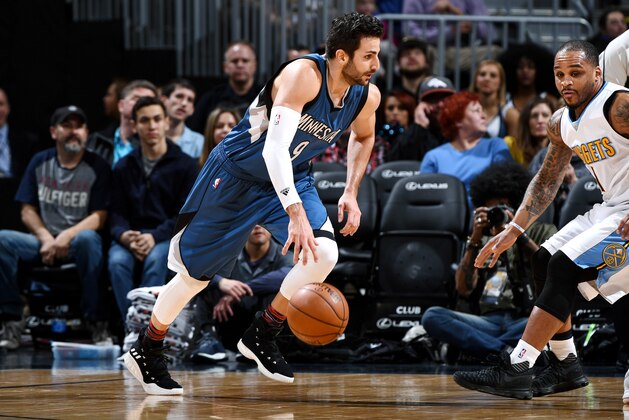 DENVER, CO - FEBRUARY 15: Ricky Rubio #9 of the Minnesota Timberwolves handles the ball during the game against the Denver Nuggets on February 15, 2017 at the Pepsi Center in Denver, Colorado. NOTE TO USER: User expressly acknowledges and agrees that, by downloading and/or using this Photograph, user is consenting to the terms and conditions of the Getty Images License Agreement. Mandatory Copyright Notice: Copyright 2017 NBAE (Photo by Garrett Ellwood/NBAE via Getty Images)