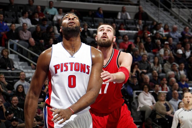 AUBURN HILLS, MI - FEBRUARY 8: Andre Drummond #0 of the Detroit Pistons fights for the position against Jonas Valanciunas #17 of the Toronto Raptors during the game on February 8, 2016 at The Palace of Auburn Hills in Auburn Hills, Michigan. NOTE TO USER: User expressly acknowledges and agrees that, by downloading and/or using this photograph, User is consenting to the terms and conditions of the Getty Images License Agreement. Mandatory Copyright Notice: Copyright 2016 NBAE (Photo by B. Sevald/Einstein/NBAE via Getty Images)