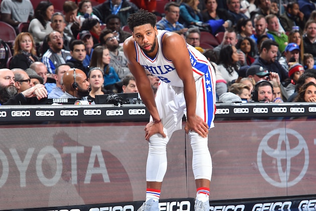 PHILADELPHIA, PA - DECEMBER 2: Jahlil Okafor #8 of the Philadelphia 76ers looks on against the Orlando Magic at Wells Fargo Center on December 2, 2016 in Philadelphia, Pennsylvania NOTE TO USER: User expressly acknowledges and agrees that, by downloading and/or using this Photograph, user is consenting to the terms and conditions of the Getty Images License Agreement. Mandatory Copyright Notice: Copyright 2016 NBAE (Photo by Jesse D. Garrabrant/NBAE via Getty Images)