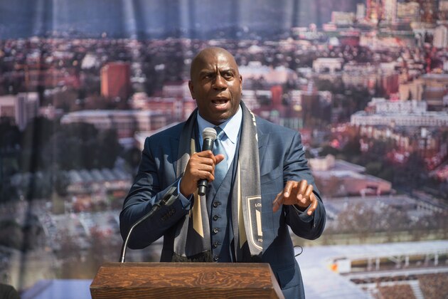 LOS ANGELES, CA - AUGUST 23:  Former NBA player Earvin 'Magic' Johnson speaks onstage at the Los Angeles Football Club stadium groundbreaking ceremony on August 23, 2016 in Los Angeles, California.  (Photo by Emma McIntyre/Getty Images)