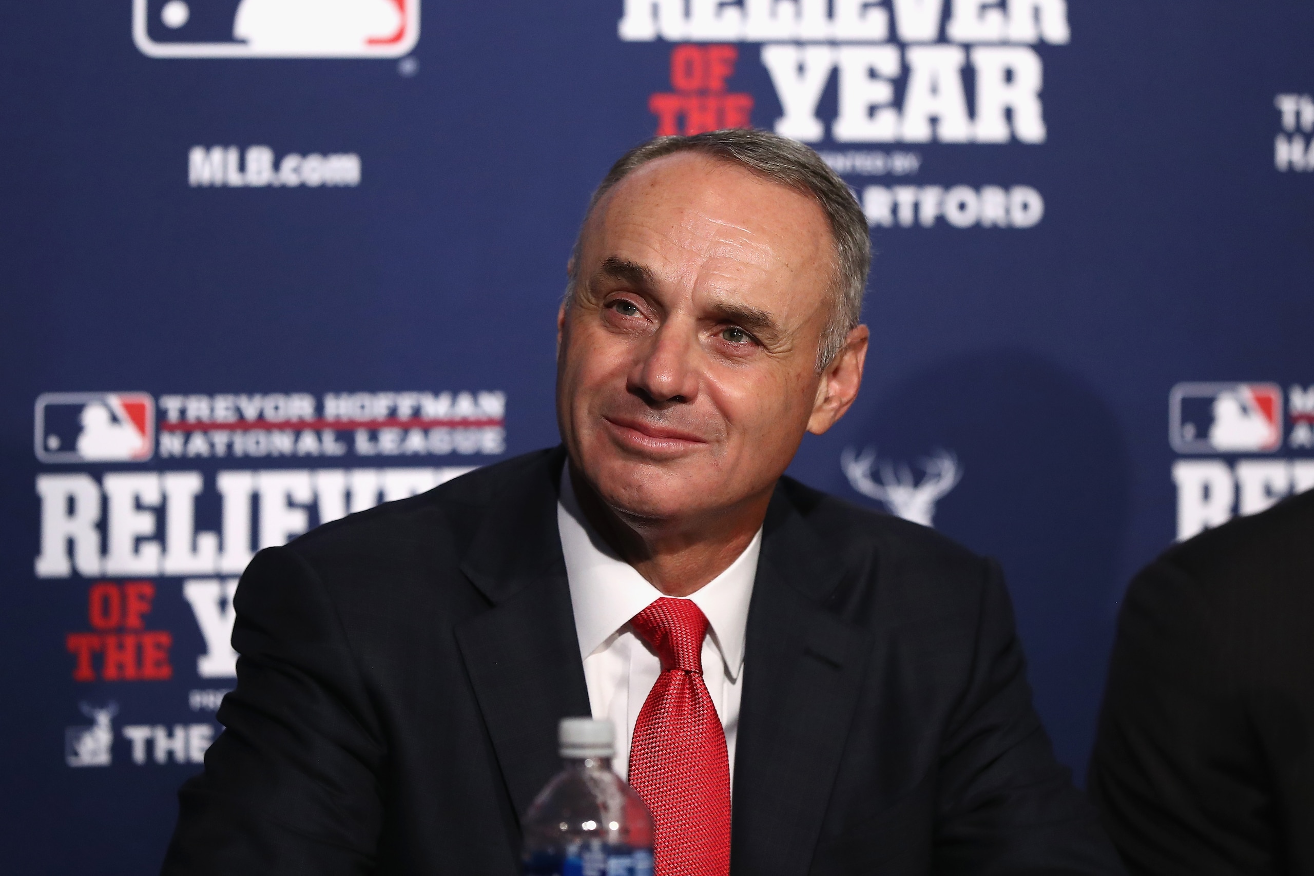 CHICAGO, IL - OCTOBER 29:  MLB Commissioner Rob Manfred attends a ceremony naming the 2016 winners of the Mariano Rivera American League Reliever of the Year Award and the Trevor Hoffman National League Reliever of the Year Award before Game Four of the 2016 World Series between the Chicago Cubs and the Cleveland Indians at Wrigley Field on October 29, 2016 in Chicago, Illinois.  (Photo by Elsa/Getty Images)