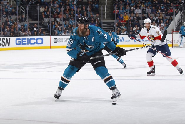 SAN JOSE, CA - FEBRUARY 15: Joe Thornton #19 of the San Jose Sharks skates with the puck against the Florida Panthers at SAP Center on February 15, 2017 in San Jose, California. (Photo by Rocky W. Widner/NHL/Getty Images)