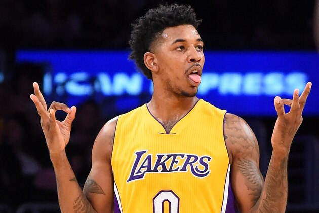 LOS ANGELES, CA - FEBRUARY 14:   Nick Young #0 of the Los Angeles Lakers gestures after a three-point basket in the first half of the game against the Sacramento Kings at Staples Center on February 14, 2017 in Los Angeles, California. NOTE TO USER: User expressly acknowledges and agrees that, by downloading and or using this photograph, User is consenting to the terms and conditions of the Getty Images License Agreement. (Photo by Jayne Kamin-Oncea/Getty Images)