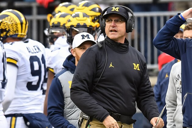 COLUMBUS, OH - NOVEMBER 26:  Head Coach Jim Harbaugh of the Michigan Wolverines watches his team play against the Ohio State Buckeyes at Ohio Stadium on November 26, 2016 in Columbus, Ohio. Ohio State defeated Michigan 30-27 in two overtimes.  (Photo by Jamie Sabau/Getty Images)