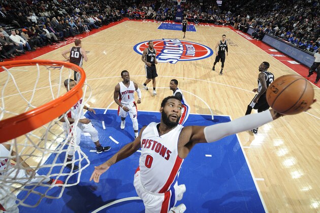 AUBURN HILLS, MI - FEBRUARY 10: Andre Drummond #0 of the Detroit Pistons dunks against the San Antonio Spurs on February 10, 2017 at The Palace of Auburn Hills in Auburn Hills, Michigan. NOTE TO USER: User expressly acknowledges and agrees that, by downloading and/or using this photograph, User is consenting to the terms and conditions of the Getty Images License Agreement. Mandatory Copyright Notice: Copyright 2017 NBAE (Photo by Chris Schwegler/NBAE via Getty Images)
