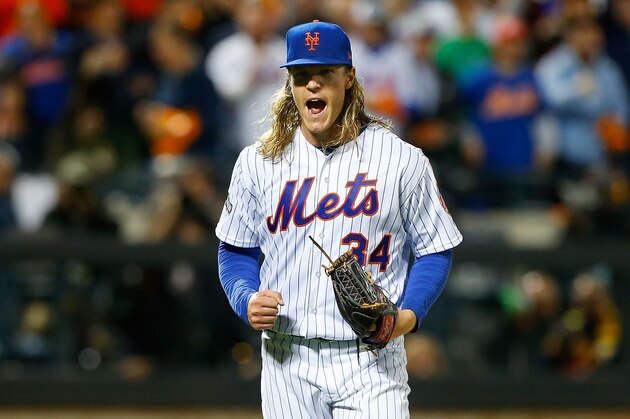 NEW YORK, NY - OCTOBER 05:  (NEW YORK DAILIES OUT)   Noah Syndergaard #34 of the New York Mets reacts against the San Francisco Giants during the National League Wild Card game at Citi Field on October 5, 2016 in the Flushing neighborhood of the Queens borough of New York City. The Giants defeated the Mets 3-0.  (Photo by Jim McIsaac/Getty Images)