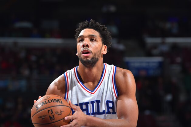 PHILADELPHIA, PA - DECEMBER 20:  Jahlil Okafor #8 of the Philadelphia 76ers shoots a foul shot against the New Orleans Pelicans at Wells Fargo Center on December 20, 2016 in Philadelphia, Pennsylvania NOTE TO USER: User expressly acknowledges and agrees that, by downloading and/or using this Photograph, user is consenting to the terms and conditions of the Getty Images License Agreement. Mandatory Copyright Notice: Copyright 2016 NBAE (Photo by Jesse D. Garrabrant/NBAE via Getty Images)