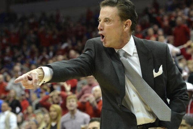 FILE - In this Wednesday, Dec. 21, 2016, file photo, Louisville's head coach Rick Pitino shouts instructions to his team during the first half of an NCAA college basketball game against Kentucky in Louisville, Ky. Defense has not been a problem for Louisville. Rarely is under coach Pitino. The questions for the Cardinals this season have come on the offensive end. They answered a few against No. 6 Kentucky. (AP Photo/Timothy D. Easley, File)