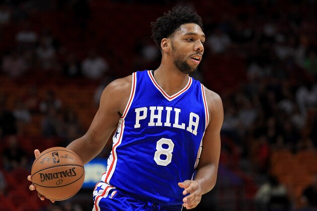 MIAMI, FL - OCTOBER 21: Jahlil Okafor #8 of the Philadelphia 76ers looks to pass during a preseason game against the Miami Heat at American Airlines Arena on October 21, 2016 in Miami, Florida.  (Photo by Mike Ehrmann/Getty Images)
