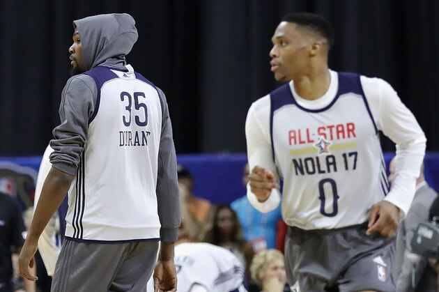 NEW ORLEANS, LA - FEBRUARY 18:  Kevin Durant #35 of the Golden State Warriors (L) and Russell Westbrook #0 of the Oklahoma City Thunder attend practice for the 2017 NBA All-Star Game at the Mercedes-Benz Superdome on February 18, 2017 in New Orleans, Louisiana.  (Photo by Ronald Martinez/Getty Images)