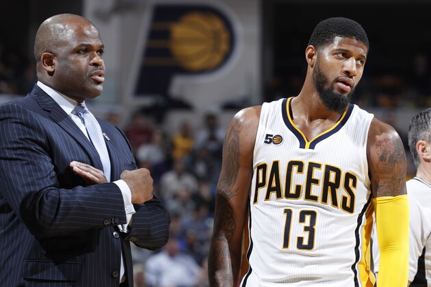 INDIANAPOLIS, IN - FEBRUARY 08: Head coach Nate McMillan and Paul George #13 of the Indiana Pacers look on in the second half of the game against the Cleveland Cavaliers at Bankers Life Fieldhouse on February 8, 2017 in Indianapolis, Indiana. The Cavaliers defeated the Pacers 132-117. NOTE TO USER: User expressly acknowledges and agrees that, by downloading and or using the photograph, User is consenting to the terms and conditions of the Getty Images License Agreement. (Photo by Joe Robbins/Getty Images)