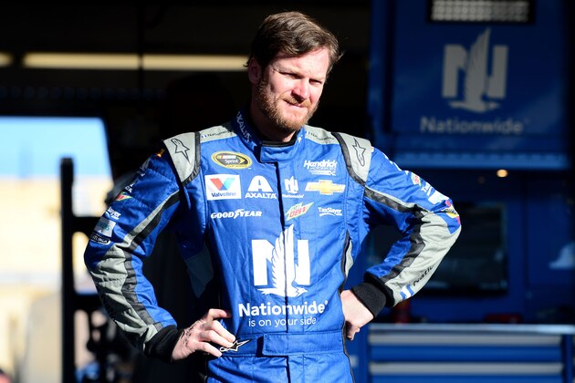 AVONDALE, AZ - JANUARY 31:  Monster Energy NASCAR Cup Series driver Dale Earnhardt Jr. reacts in the garage during testing at Phoenix International Raceway on January 31, 2017 in Avondale, Arizona.  (Photo by Jennifer Stewart/Getty Images)