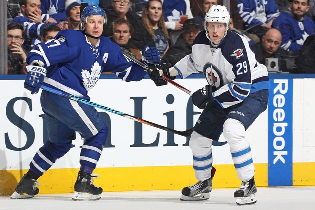 TORONTO,ON - FEBRUARY 21:  Patrik Laine #29 of the Winnipeg Jets skates against Leo Komarov #47 of the Toronto Maple Leafs during an NHL game at Air Canada Centre on February 21, 2017 in London, Ontario, Canada. The Maple Leafs defeated the Jets 5-4 in overtime. (Photo by Claus Andersen/Getty Images)