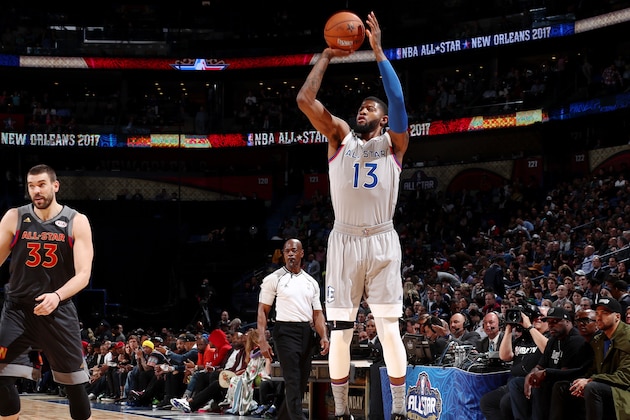 NEW ORLEANS, LA - FEBRUARY 19: Paul George #13 of the Eastern Conference All-Stars shoots during the NBA All-Star Game as part of the 2017 NBA All Star Weekend on February 19, 2017 at the Smoothie King Center in New Orleans, Louisiana.  NOTE TO USER: User expressly acknowledges and agrees that, by downloading and or using this Photograph, user is consenting to the terms and conditions of the Getty Images License Agreement.  Mandatory Copyright Notice: Copyright 2017 NBAE (Photo by Nathaniel S. Butler/NBAE via Getty Images)