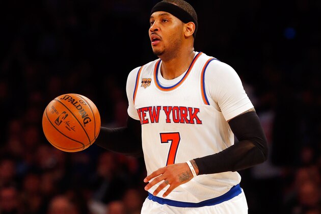 NEW YORK, NY - FEBRUARY 04:  (NEW YORK DAILIES OUT)    Carmelo Anthony #7 of the New York Knicks in action against the Cleveland Cavaliers at Madison Square Garden on February 4, 2017 in New York City. The Cavaliers defeated the Knicks 111-103.  NOTE TO USER: User expressly acknowledges and agrees that, by downloading and/or using this Photograph, user is consenting to the terms and conditions of the Getty Images License Agreement.  (Photo by Jim McIsaac/Getty Images)