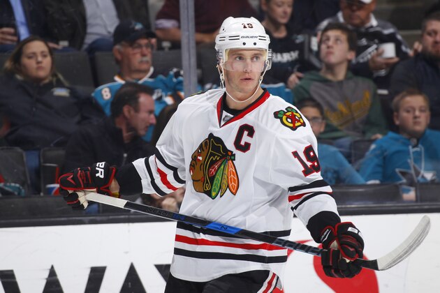 SAN JOSE, CA - JANUARY 31: Jonathan Toews #19 of the Chicago Blackhawks looks on during the game against the San Jose Sharks at SAP Center on January 31, 2017 in San Jose, California. (Photo by Rocky W. Widner/NHL/Getty Images)