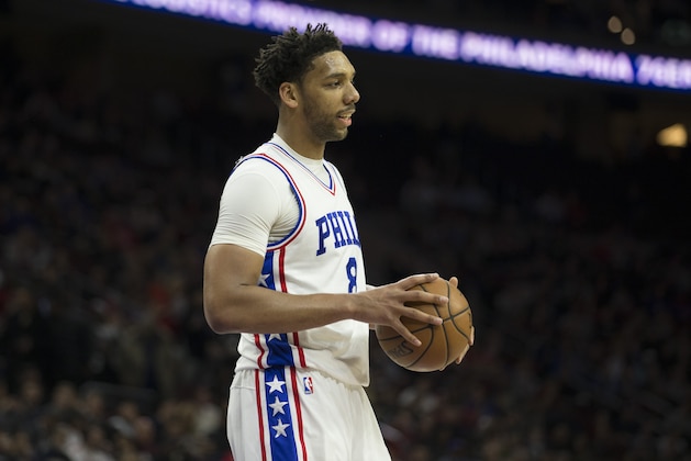 PHILADELPHIA, PA - FEBRUARY 8: Jahlil Okafor #8 of the Philadelphia 76ers looks on against the San Antonio Spurs at the Wells Fargo Center on February 8, 2017 in Philadelphia, Pennsylvania. The Spurs defeated the 76ers 111-103. NOTE TO USER: User expressly acknowledges and agrees that, by downloading and or using this photograph, User is consenting to the terms and conditions of the Getty Images License Agreement. (Photo by Mitchell Leff/Getty Images)