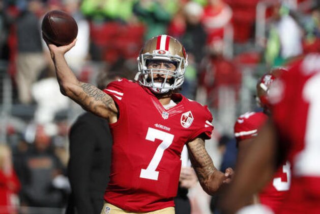 San Francisco 49ers quarterback Colin Kaepernick (7) warms up before an NFL football game against the Seattle Seahawks in Santa Clara, Calif., Sunday, Jan. 1, 2017. (AP Photo/Tony Avelar)